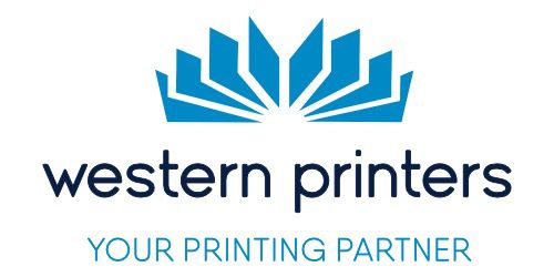 Western Printers logo with geometric blue design and tagline Your Printing Partner' in bold typography.