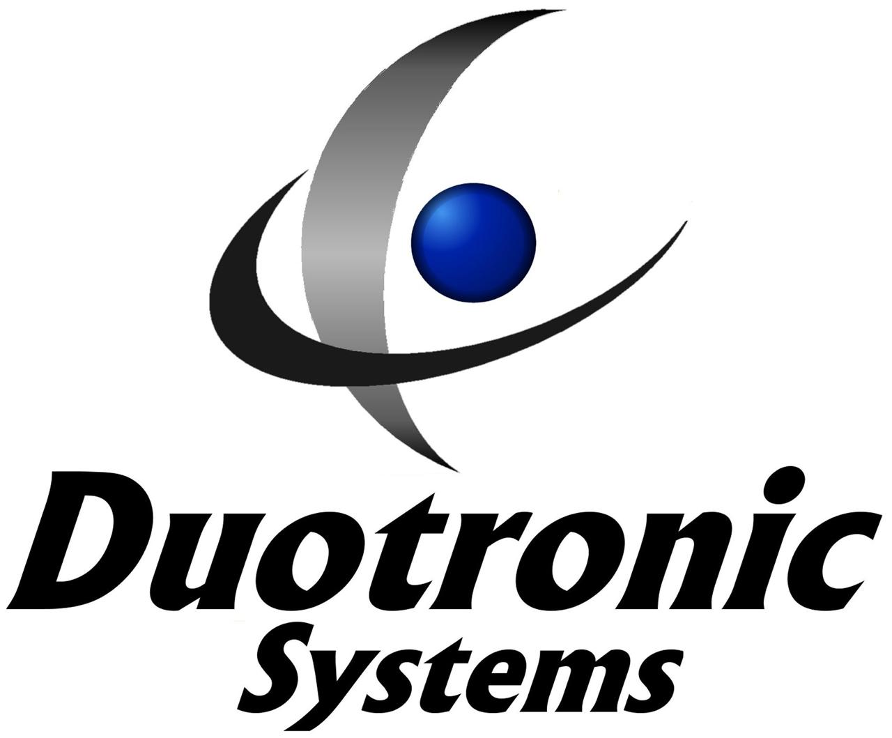 Duotronic Systems logo featuring a stylized swoosh orbit design with a central blue sphere.